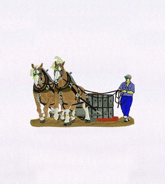 Human Aiding Pulling Horses Embroidery Design