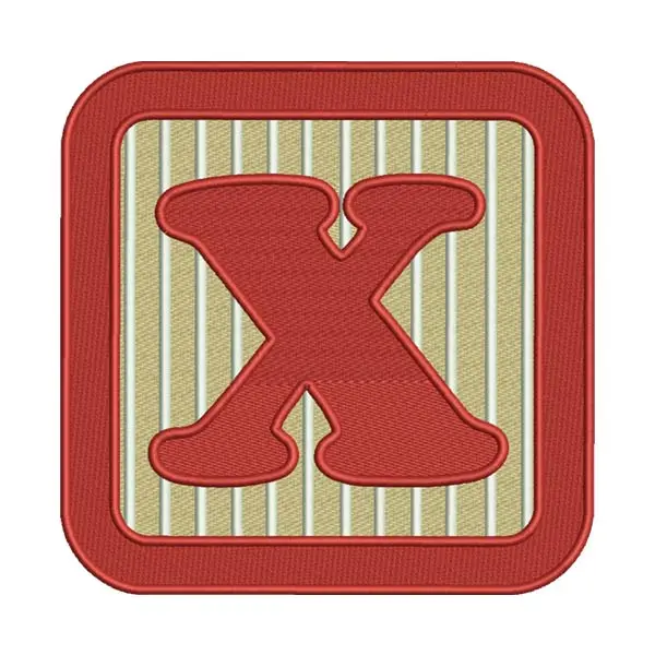 “X” Letter Embroidery Design – Alphabet Patch with Red Frame & Stripes