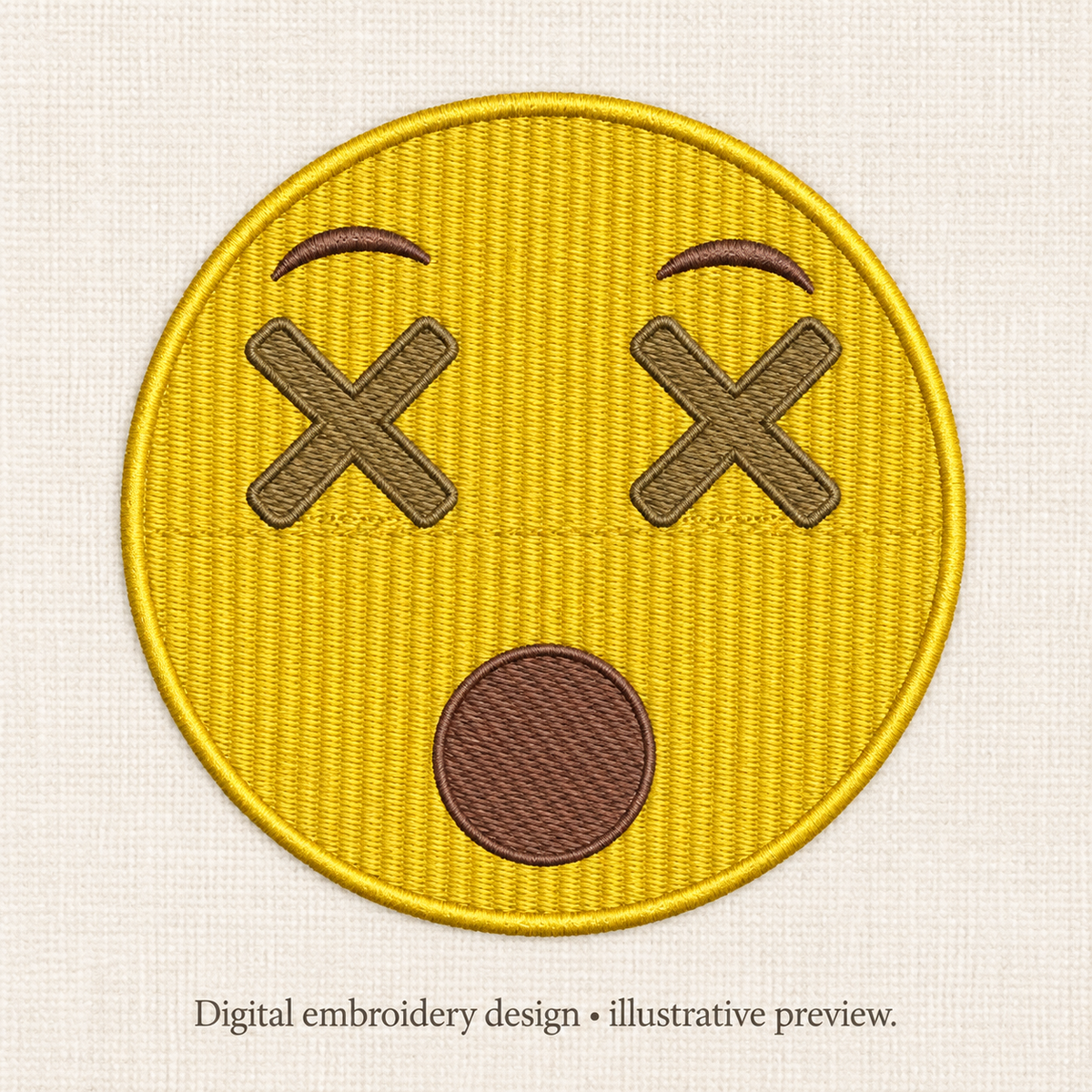 Illustrative preview of X-Eyed Emoji Embroidery Design. Digital embroidery design; original design image remains primary.