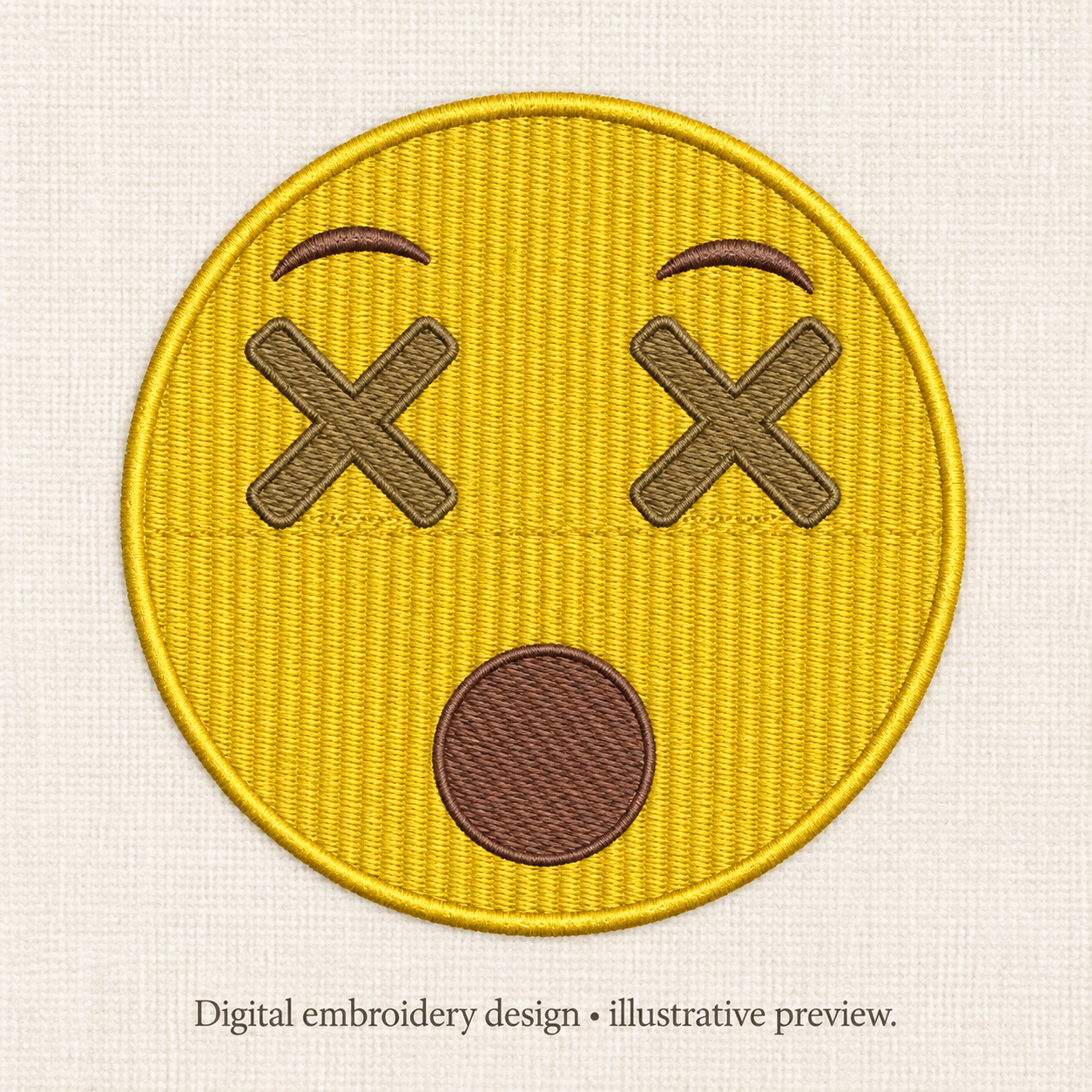 Illustrative preview of X-Eyed Emoji Embroidery Design. Digital embroidery design; original design image remains primary.