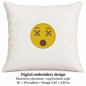 Illustrative placement of X-Eyed Emoji Embroidery Design, design 6.82 × 6.83 in on an 18 × 18 in pillow; approximate scale.