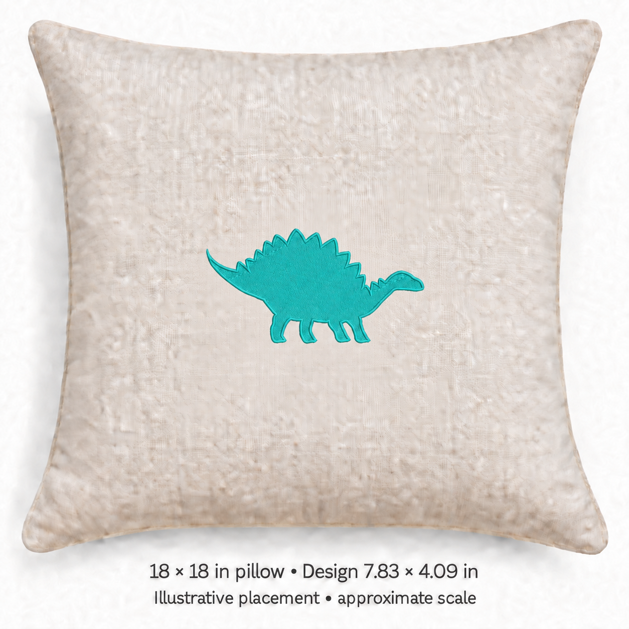 Digital embroidery mockup of Turquoise Dinosaur Silhouette Embroidery Design, design 7.83 × 4.09 in on an 18 × 18 in pillow; illustrative placement at approximate scale.