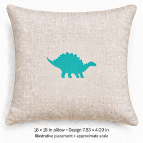 Digital embroidery mockup of Turquoise Dinosaur Silhouette Embroidery Design, design 7.83 × 4.09 in on an 18 × 18 in pillow; illustrative placement at approximate scale.