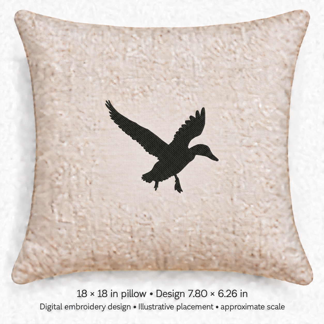 Illustrative placement of Flying Duck Silhouette Embroidery Design, design 7.80 × 6.26 in on an 18 × 18 in pillow; approximate scale.