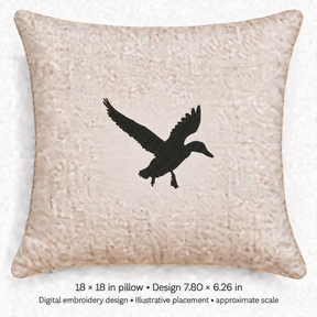 Illustrative placement of Flying Duck Silhouette Embroidery Design, design 7.80 × 6.26 in on an 18 × 18 in pillow; approximate scale.
