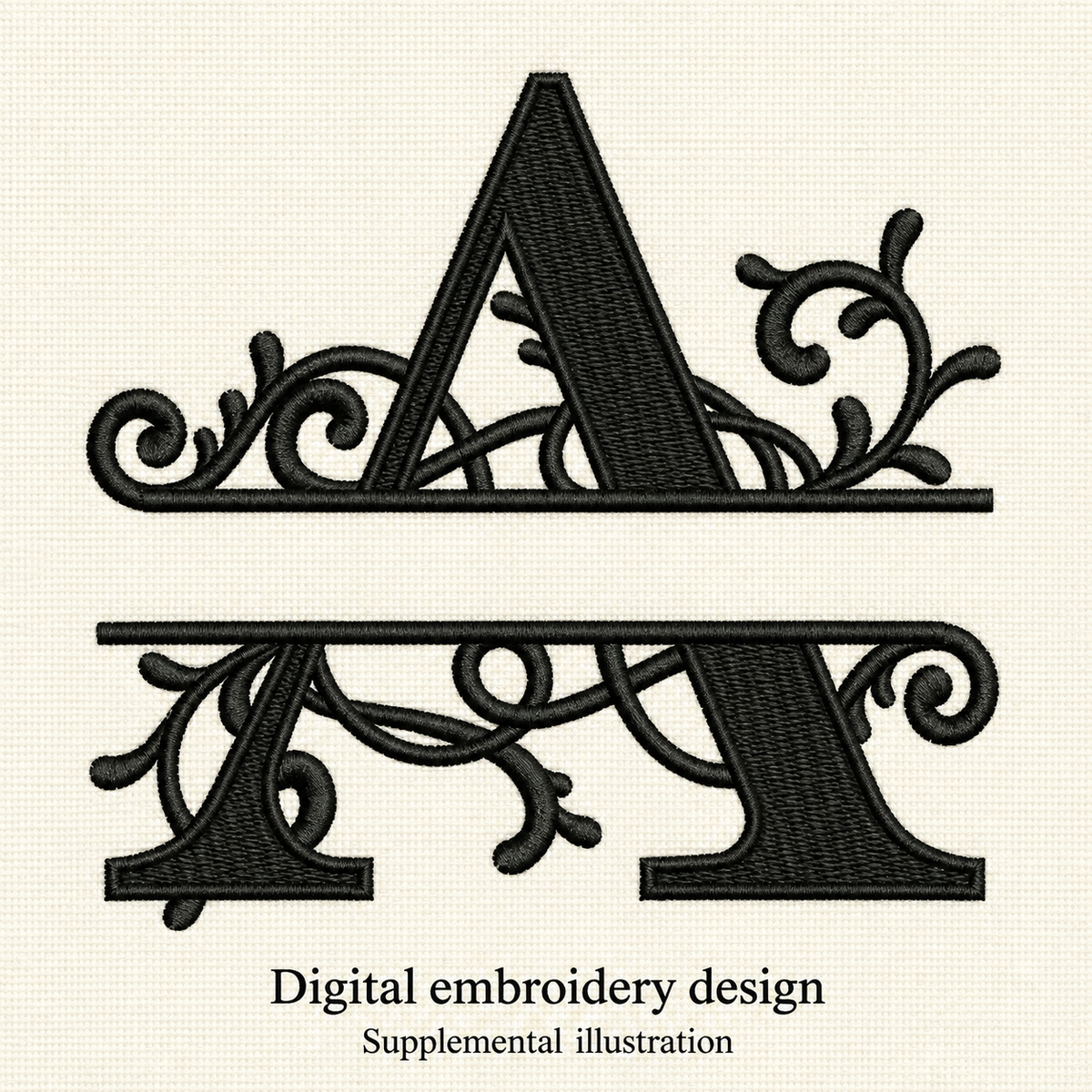 Illustrative preview of Ornamental Split Letter A Embroidery Design.