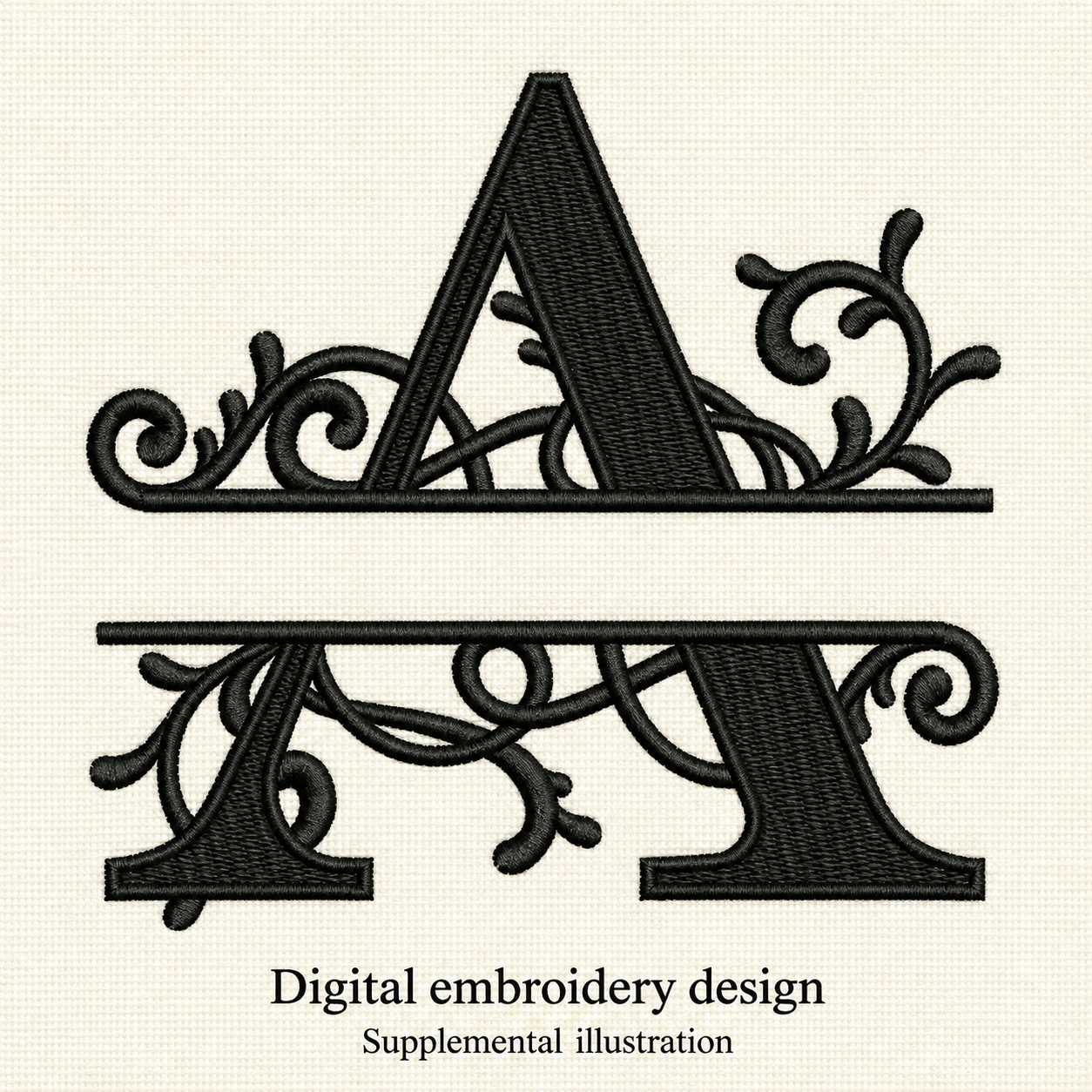 Illustrative preview of Ornamental Split Letter A Embroidery Design.