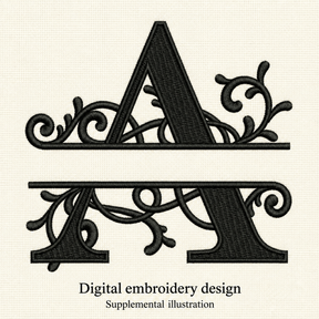 Illustrative preview of Ornamental Split Letter A Embroidery Design.