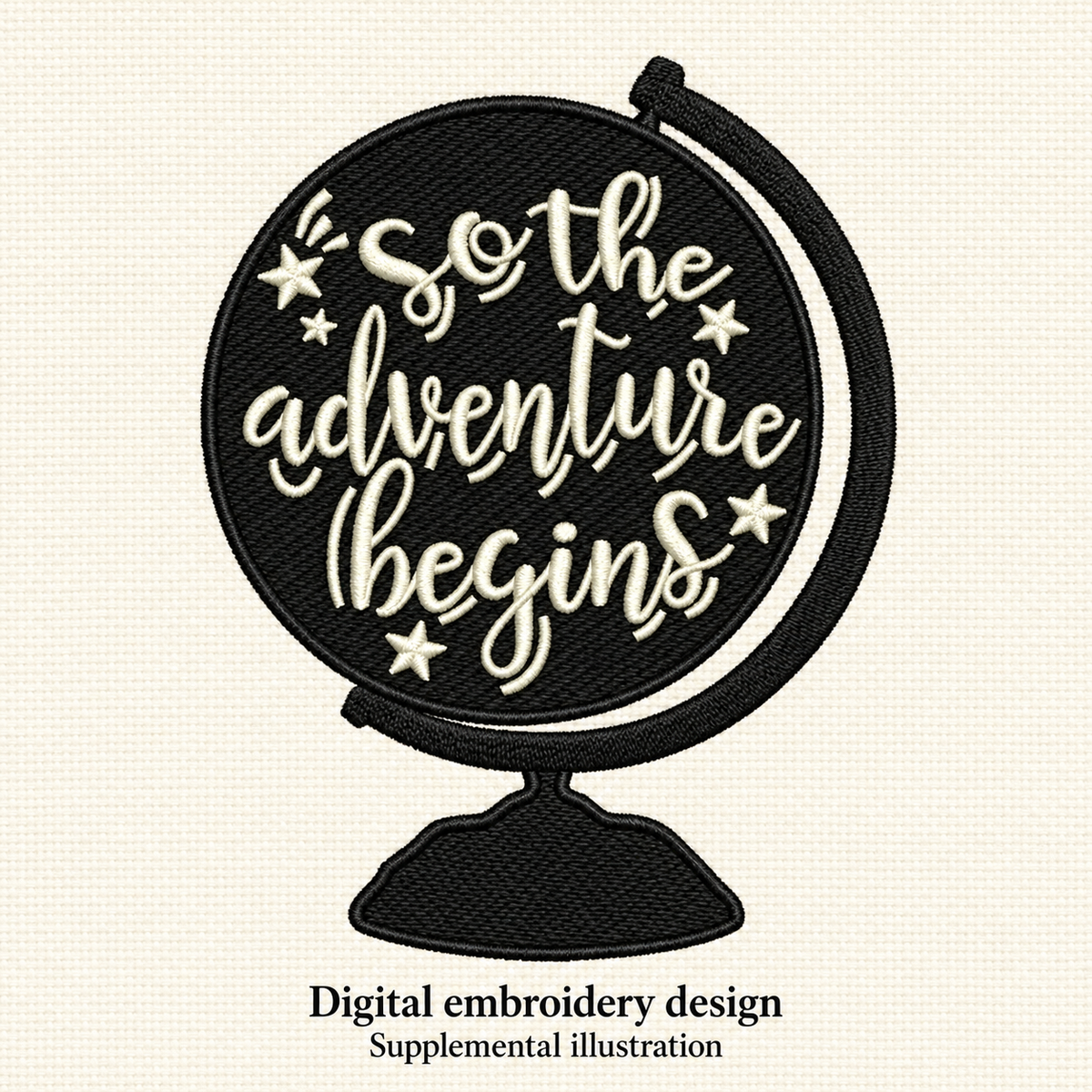 Illustrative preview of So the Adventure Begins Globe Embroidery Design.