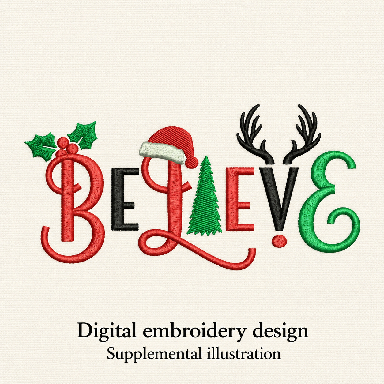 Illustrative preview of Christmas Believe Lettering Embroidery Design.