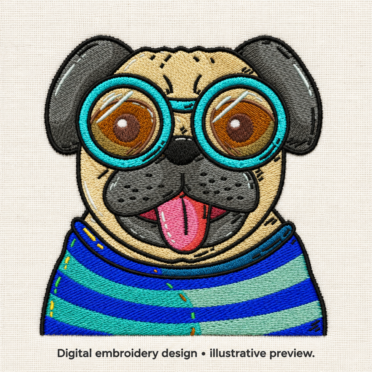 Illustrative preview of Pug with Round Glasses Embroidery Design.