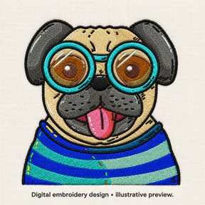 Illustrative preview of Pug with Round Glasses Embroidery Design.