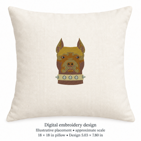 Illustrative placement of Brown Pitbull Face Embroidery Design, design 5.03 × 7.80 in on an 18 × 18 in pillow; approximate scale.