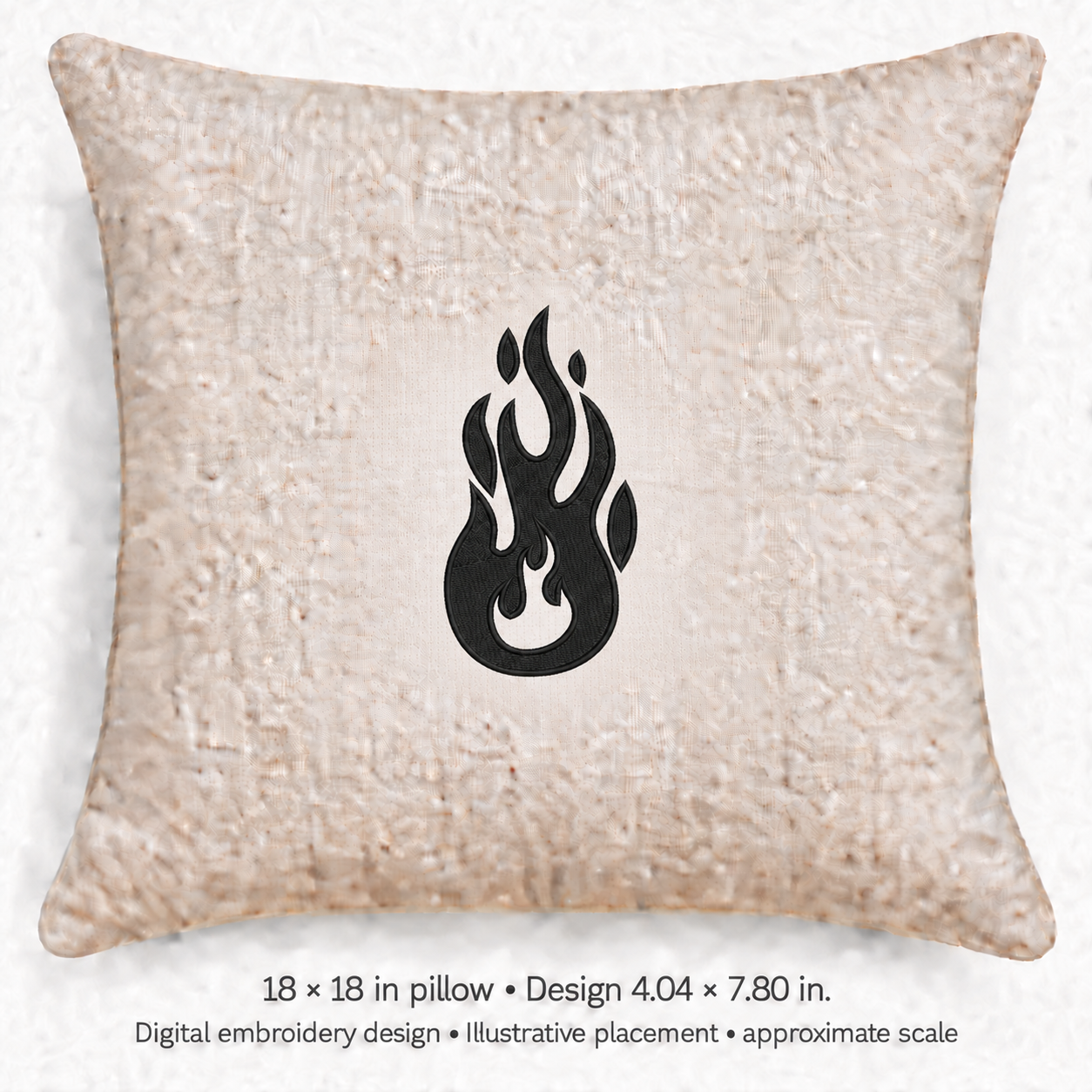Illustrative placement of Black Flame and Sparks Embroidery Design, design 4.04 × 7.80 in on an 18 × 18 in pillow; approximate scale.