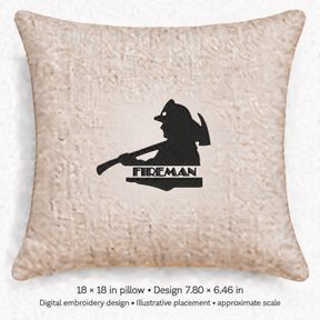 Illustrative placement of Fireman Silhouette Embroidery Design, design 7.80 × 6.46 in on an 18 × 18 in pillow; approximate scale.