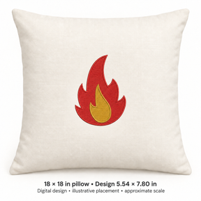 Illustrative placement of Red and Yellow Flame Embroidery Design, design 5.54 × 7.80 in on an 18 × 18 in pillow; approximate scale.