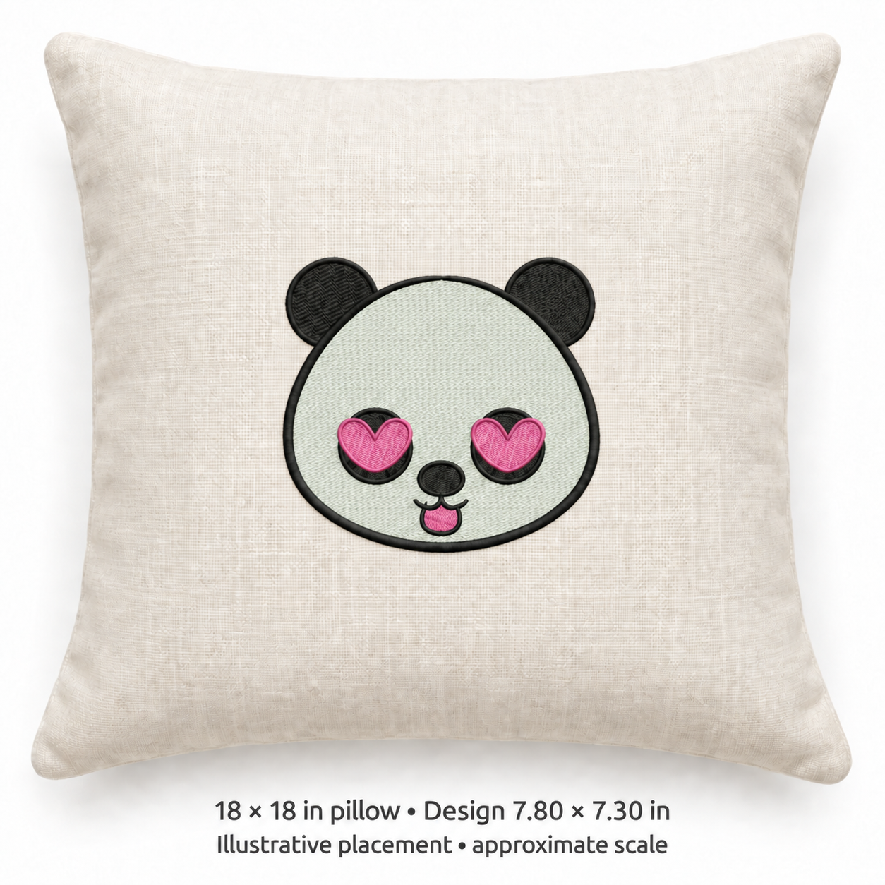 Illustrative placement of Heart-Eyed Panda Face Embroidery Design, design 7.80 × 7.30 in on an 18 × 18 in pillow; approximate scale.