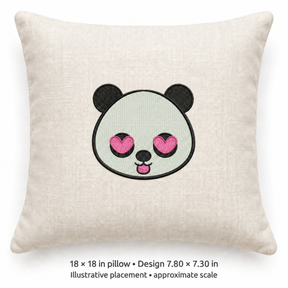 Illustrative placement of Heart-Eyed Panda Face Embroidery Design, design 7.80 × 7.30 in on an 18 × 18 in pillow; approximate scale.