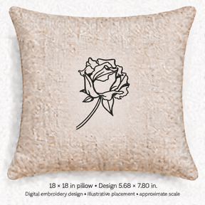 Illustrative placement of Rose Bloom Line Art Embroidery Design, design 5.68 × 7.80 in on an 18 × 18 in pillow; approximate scale.