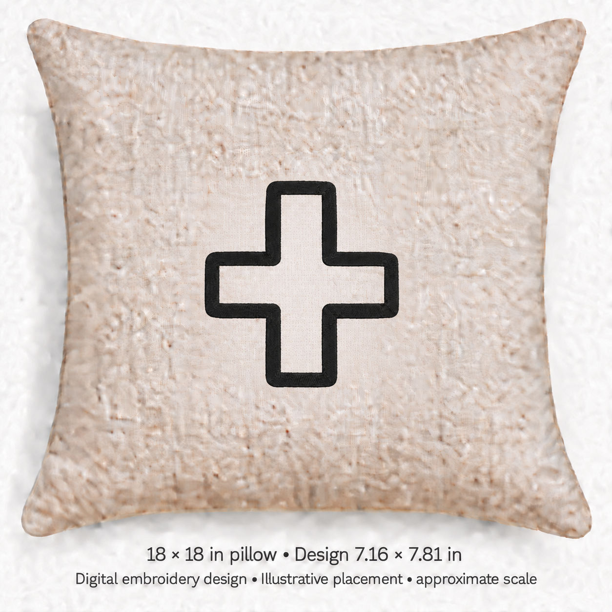 Illustrative placement of Cross Outline Embroidery Design, design 7.16 × 7.81 in on an 18 × 18 in pillow; approximate scale.