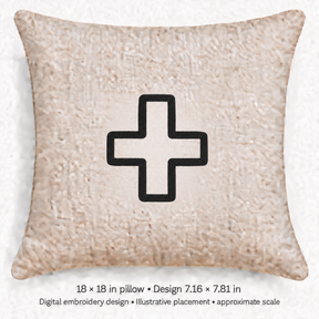 Illustrative placement of Cross Outline Embroidery Design, design 7.16 × 7.81 in on an 18 × 18 in pillow; approximate scale.
