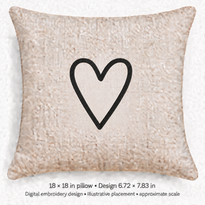 Illustrative placement of Tall Heart Outline Embroidery Design, design 6.72 × 7.83 in on an 18 × 18 in pillow; approximate scale.