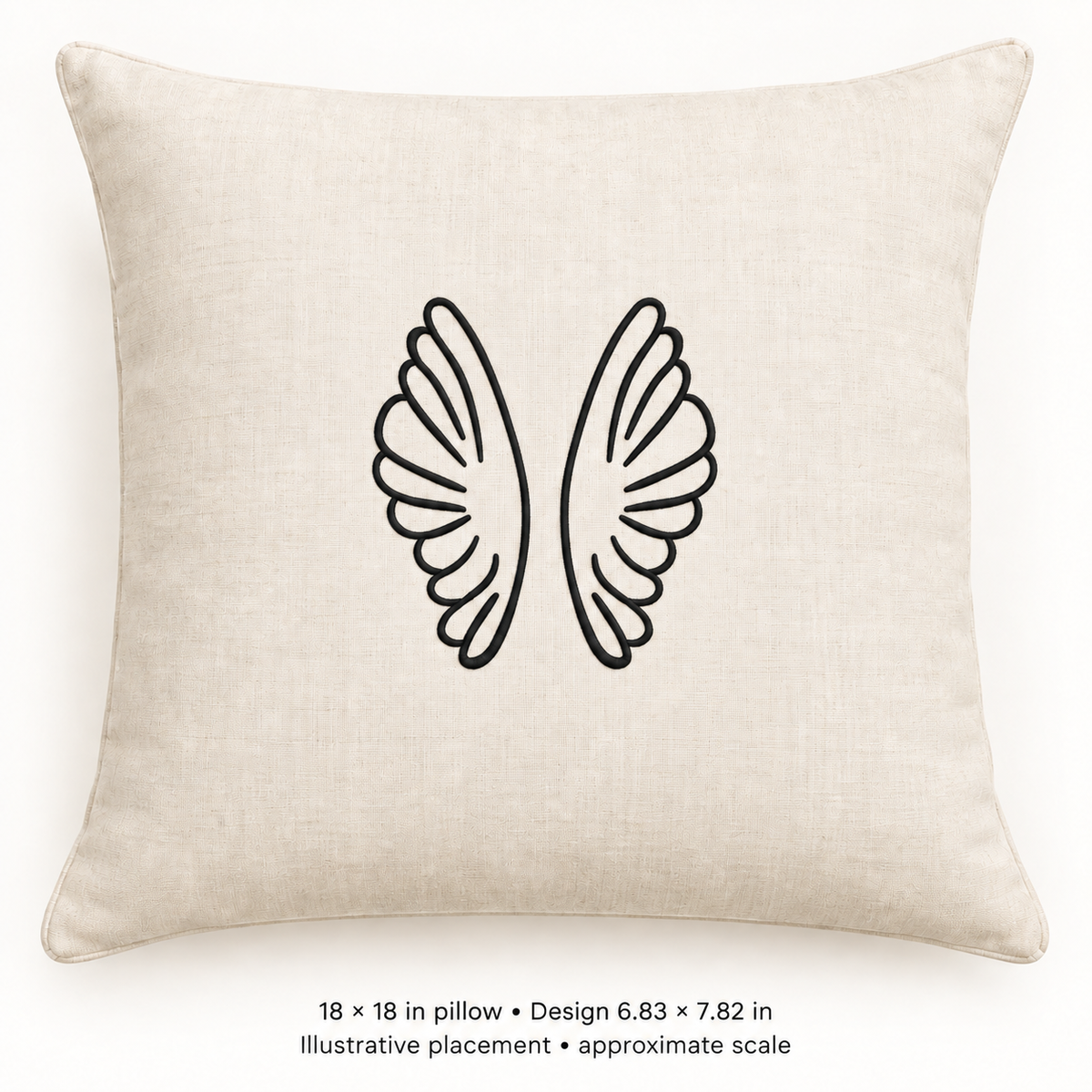 Illustrative placement of Upright Wing Pair Outline Embroidery Design, design 6.83 × 7.82 in on an 18 × 18 in pillow; approximate scale.