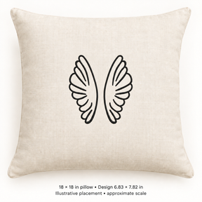Illustrative placement of Upright Wing Pair Outline Embroidery Design, design 6.83 × 7.82 in on an 18 × 18 in pillow; approximate scale.