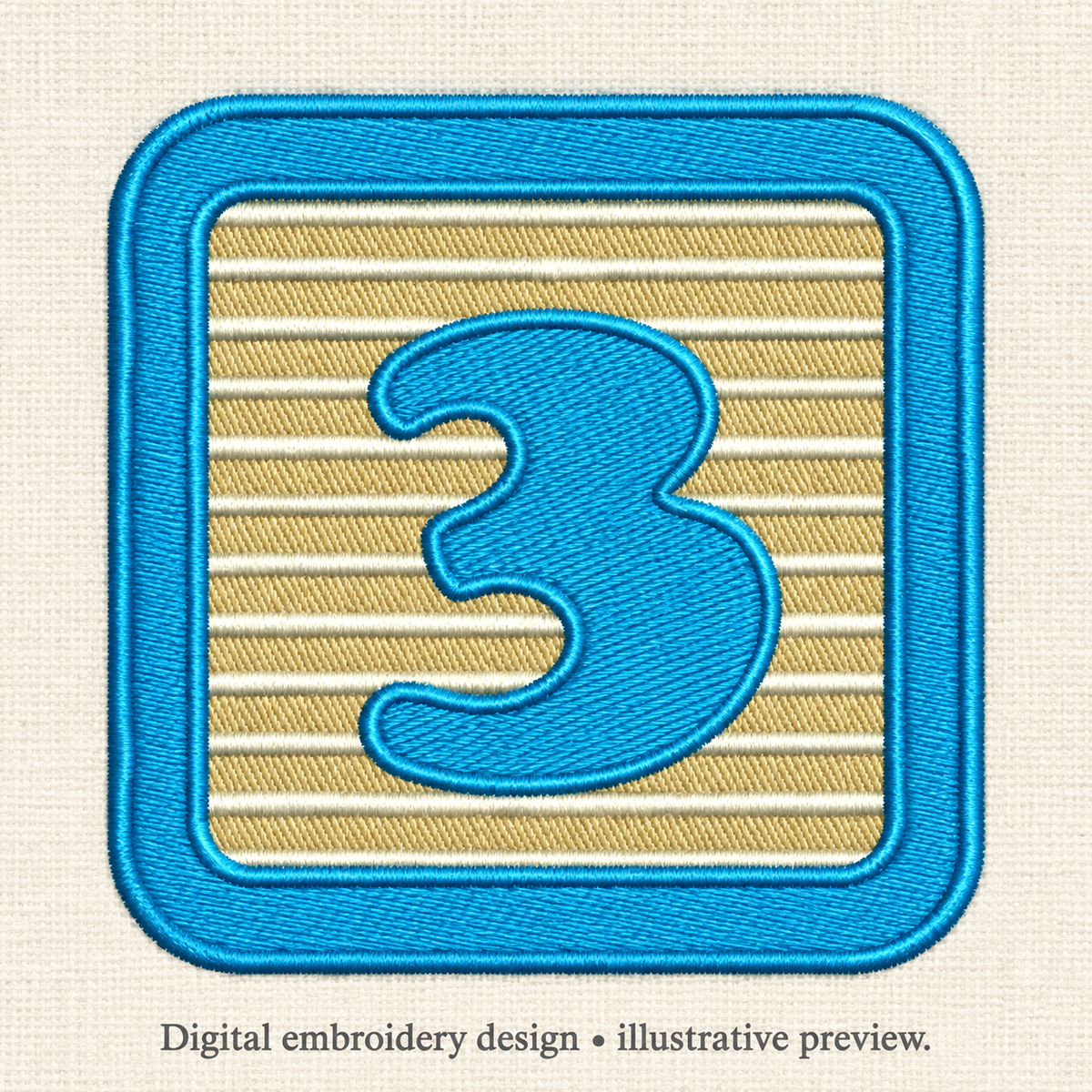 Illustrative preview of Blue Number 3 Block Embroidery Design.