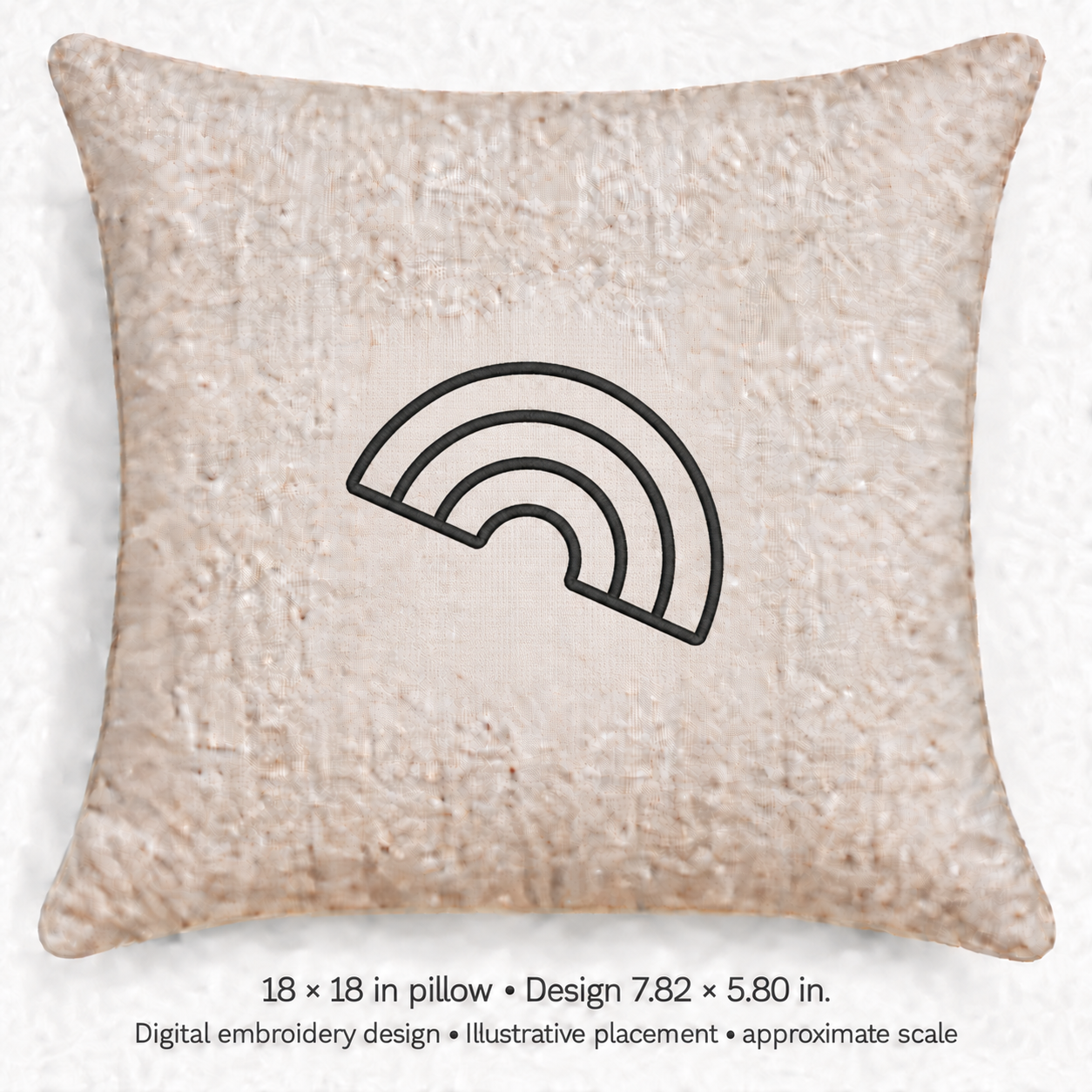 Illustrative placement of Rainbow Outline Embroidery Design, design 7.82 × 5.80 in on an 18 × 18 in pillow; approximate scale.