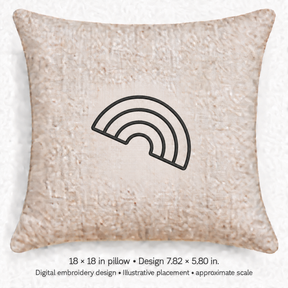 Illustrative placement of Rainbow Outline Embroidery Design, design 7.82 × 5.80 in on an 18 × 18 in pillow; approximate scale.