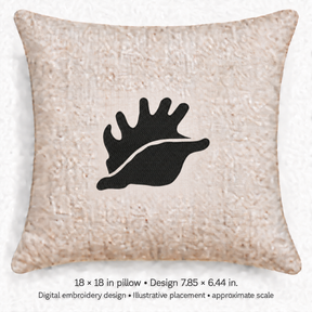 Illustrative placement of Spiked Seashell Silhouette Embroidery Design, design 7.85 × 6.44 in on an 18 × 18 in pillow; approximate scale.