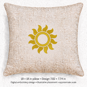 Illustrative placement of Gold Sun Outline Embroidery Design, design 7.82 × 7.74 in on an 18 × 18 in pillow; approximate scale.