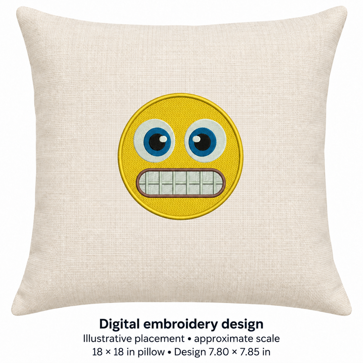 Illustrative placement of Grimacing Teeth Emoji Embroidery Design, design 7.80 × 7.85 in on an 18 × 18 in pillow; approximate scale.
