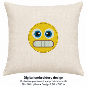 Illustrative placement of Grimacing Teeth Emoji Embroidery Design, design 7.80 × 7.85 in on an 18 × 18 in pillow; approximate scale.