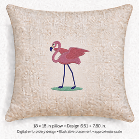 Illustrative placement of Standing Pink Flamingo Embroidery Design, design 6.51 × 7.80 in on an 18 × 18 in pillow; approximate scale.