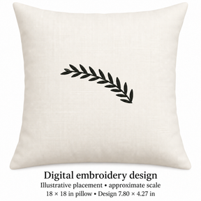 Illustrative placement of Curved Leaf Branch Embroidery Design, design 7.80 × 4.27 in on an 18 × 18 in pillow; approximate scale.