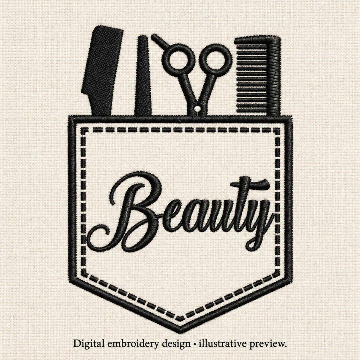Illustrative preview of Beauty Hair Stylist Pocket Embroidery Design.