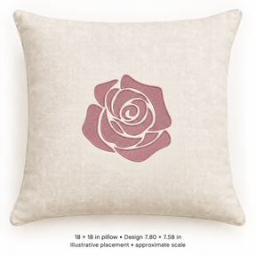Illustrative placement of Pink Rose Silhouette Embroidery Design, design 7.80 × 7.58 in on an 18 × 18 in pillow; approximate scale.