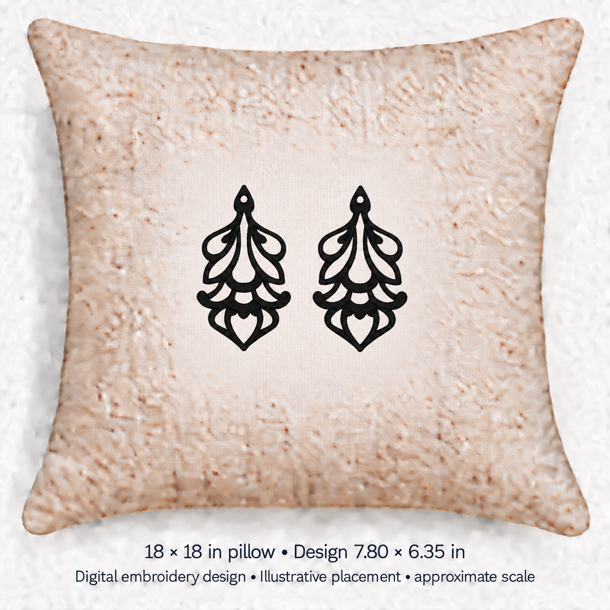 Illustrative placement of Ornamental Teardrop Pair Embroidery Design, design 7.80 × 6.35 in on an 18 × 18 in pillow; approximate scale.