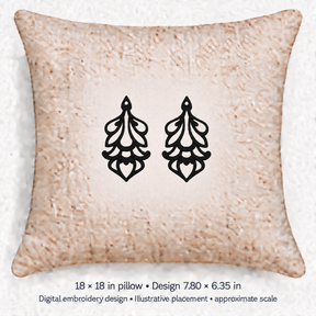 Illustrative placement of Ornamental Teardrop Pair Embroidery Design, design 7.80 × 6.35 in on an 18 × 18 in pillow; approximate scale.