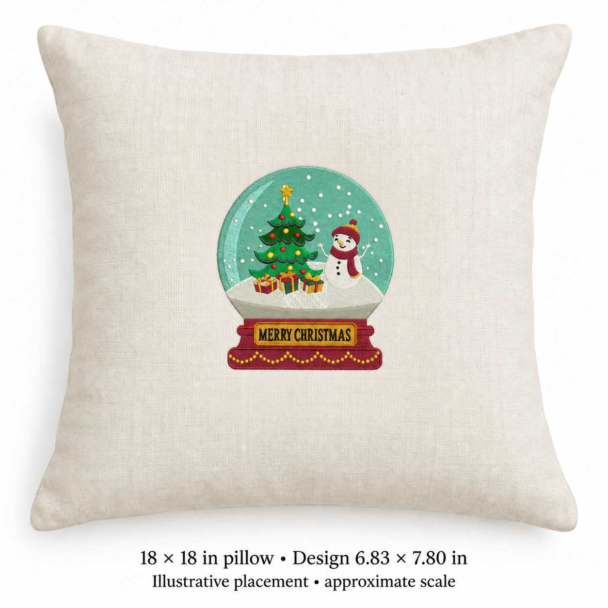 Illustrative placement of Snowman Christmas Snow Globe Embroidery Design, design 6.83 × 7.80 in on an 18 × 18 in pillow; approximate scale.