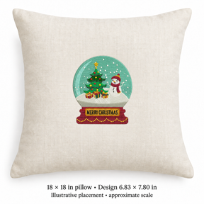 Illustrative placement of Snowman Christmas Snow Globe Embroidery Design, design 6.83 × 7.80 in on an 18 × 18 in pillow; approximate scale.