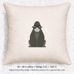 Illustrative placement of Seated Cartoon Gorilla Embroidery Design, design 5.21 × 7.80 in on an 18 × 18 in pillow; approximate scale.