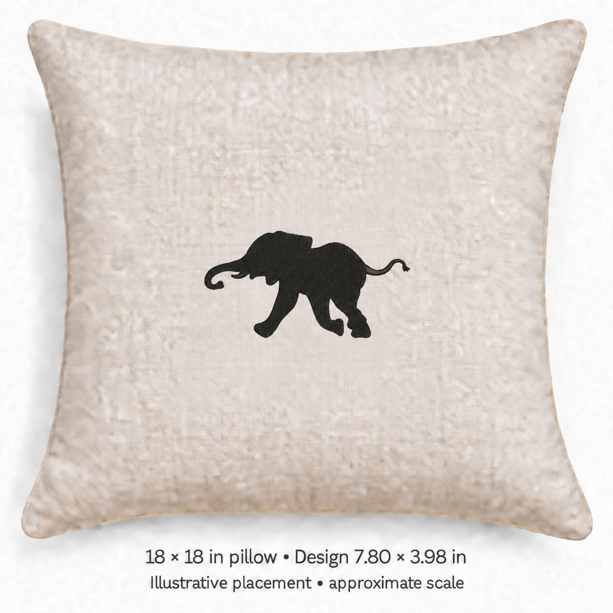Digital embroidery mockup of Walking Elephant Silhouette Machine Embroidery Design, design 7.80 × 3.98 in on an 18 × 18 in pillow; illustrative placement at approximate scale.
