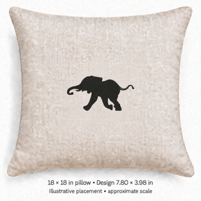 Digital embroidery mockup of Walking Elephant Silhouette Machine Embroidery Design, design 7.80 × 3.98 in on an 18 × 18 in pillow; illustrative placement at approximate scale.