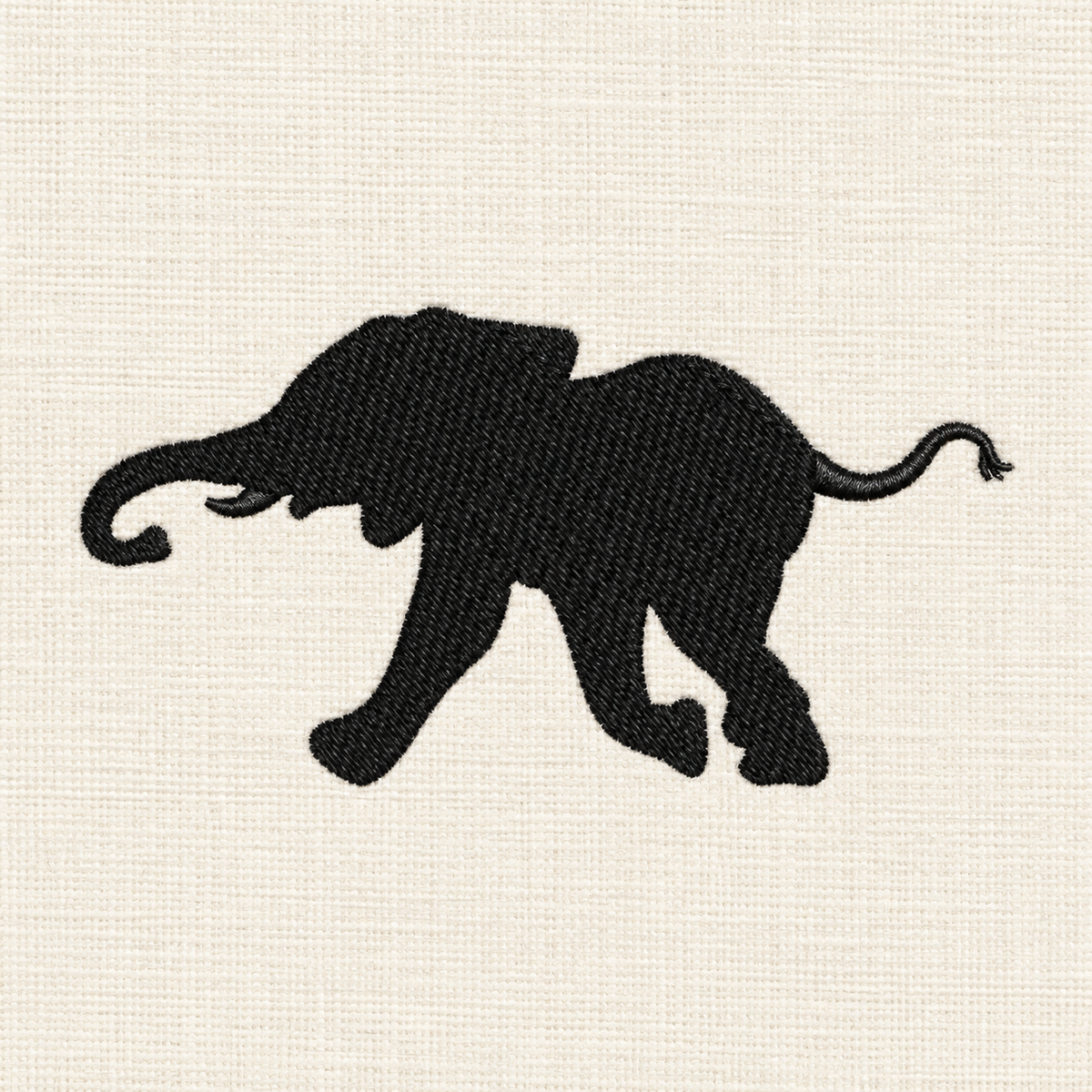 Digital embroidery mockup of Walking Elephant Silhouette Machine Embroidery Design; illustrative preview.