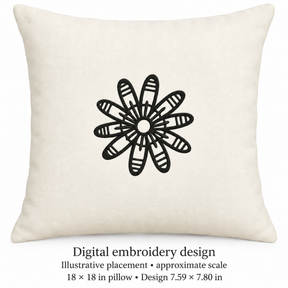 Illustrative placement of Striped Petal Flower Outline Embroidery Design, design 7.59 × 7.80 in on an 18 × 18 in pillow; approximate scale.