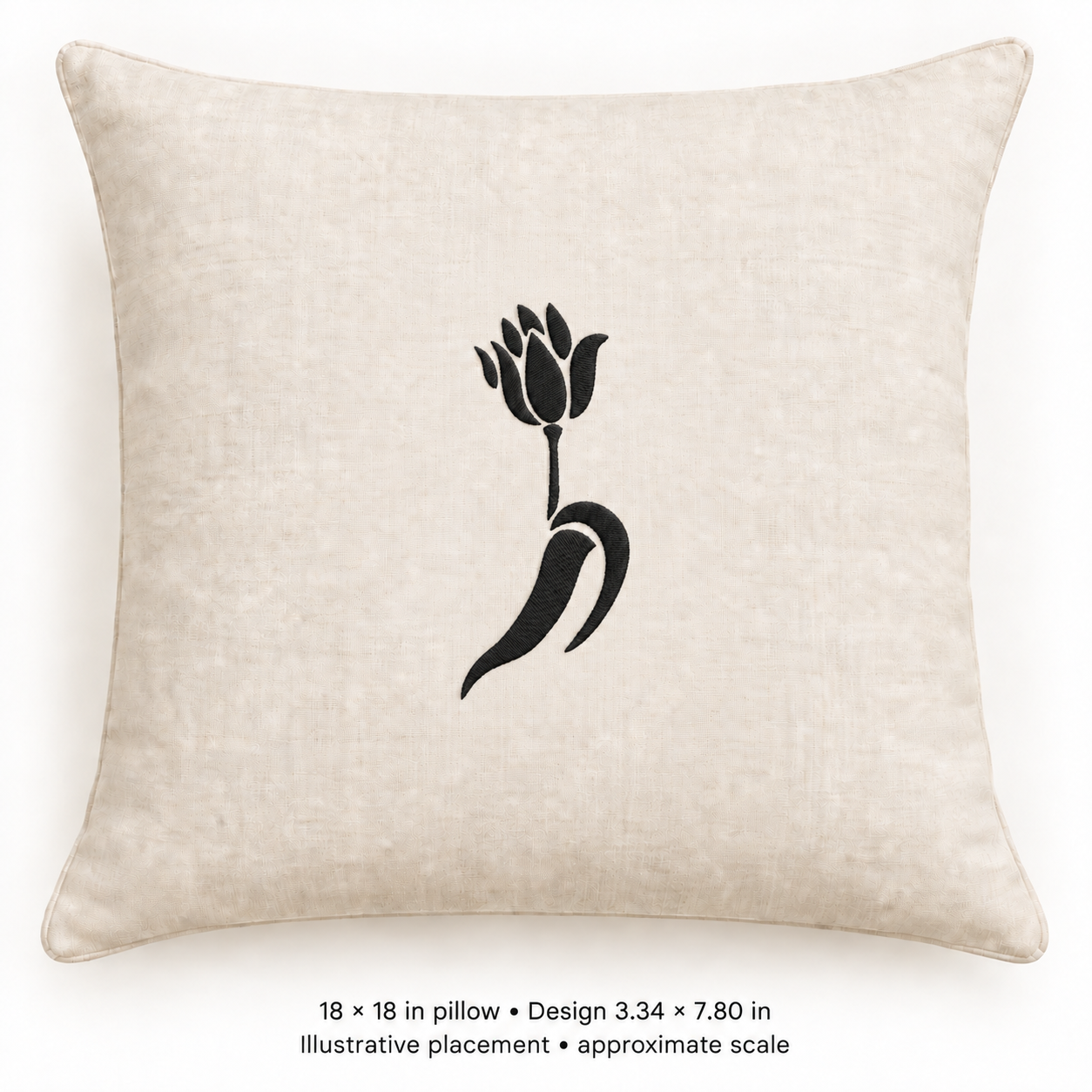 Illustrative placement of Flower Stem Silhouette Embroidery Design, design 3.34 × 7.80 in on an 18 × 18 in pillow; approximate scale.