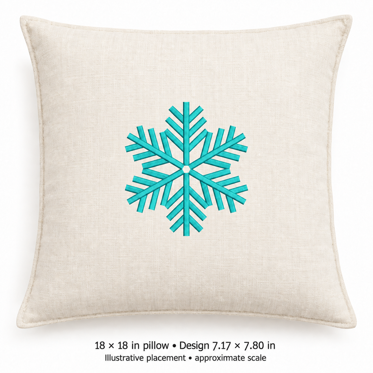 Illustrative placement of Turquoise Branched Snowflake Embroidery Design, design 7.17 × 7.80 in on an 18 × 18 in pillow; approximate scale.